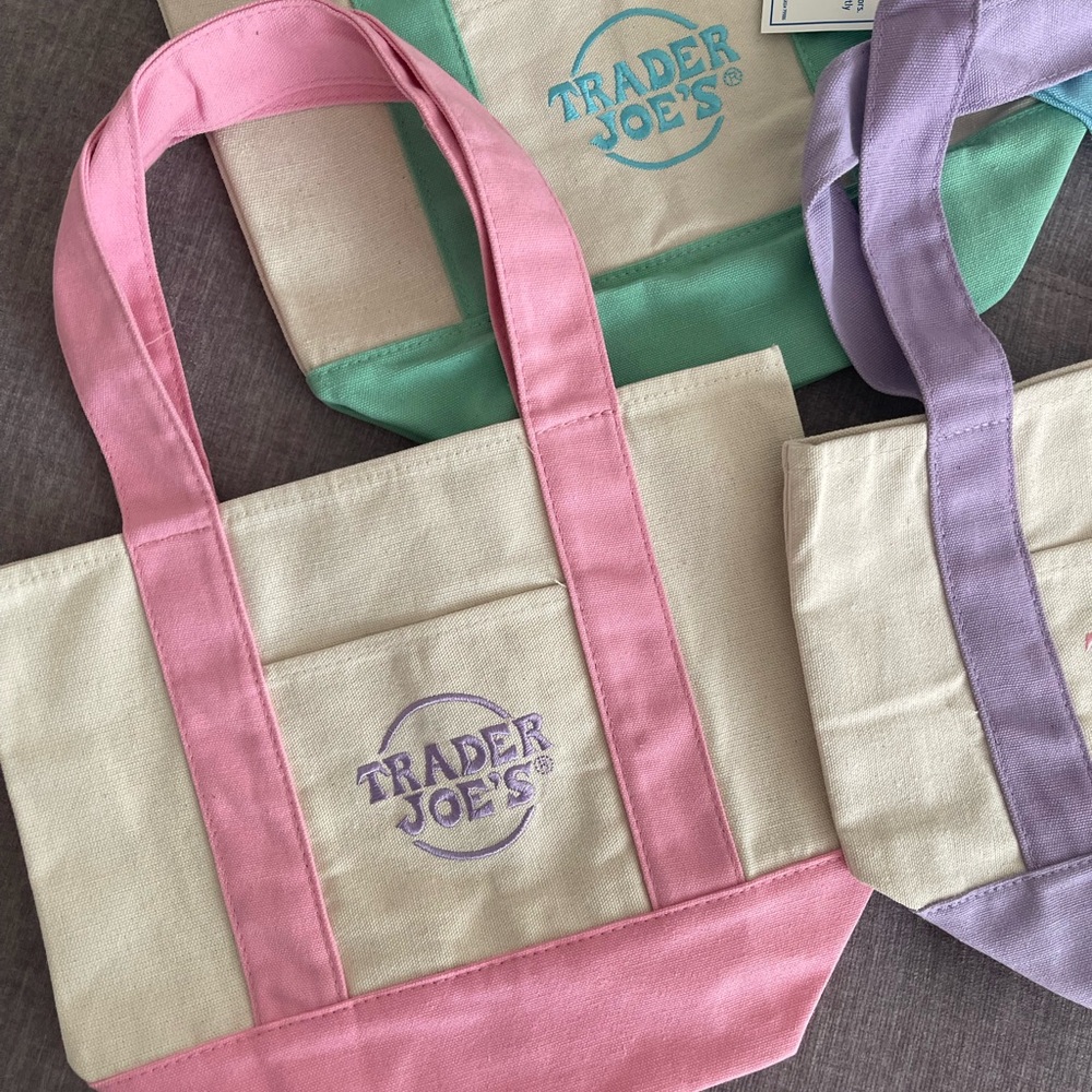 Trader Joe's Pastel Canvas Mini Tote Bag - Pink, Green, Blue, Lavender set of 4 - Picture 2 of 9